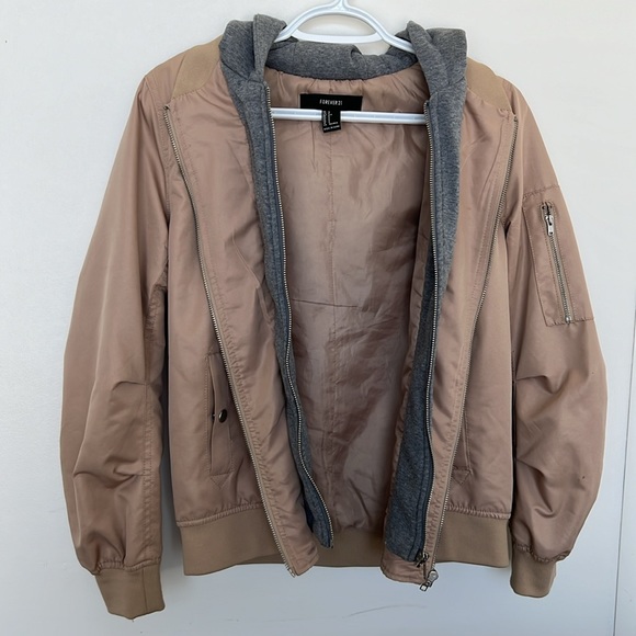Forever 21 Layered Look Bomber Jacket Small Tan Grey - Picture 2 of 4